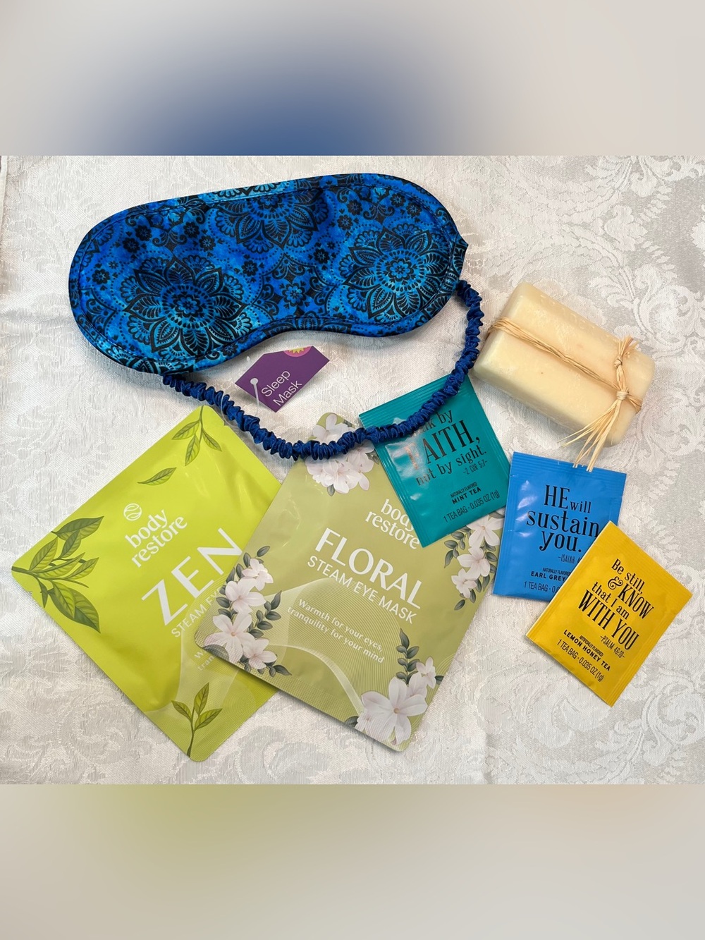 Spa Relaxation Bundle Blue Floral Sleep Mask with Steam Eye Masks, Soap & Tea